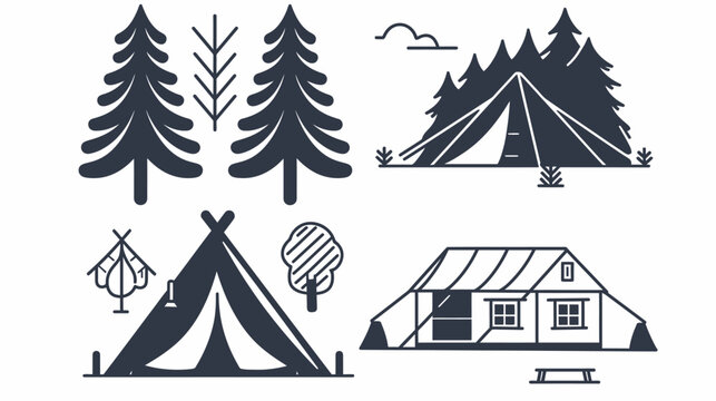 Minimalist line art of camping site with trees, tents, and a cabin, in dark blue