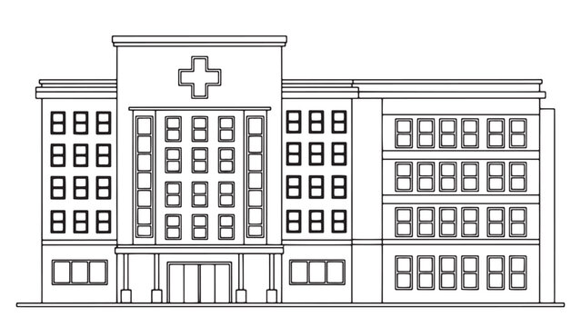 Detailed Black and White Line Art Illustration of a Modern Hospital Building with a Prominent Medical Cross Symbol and Multiple Windows.
