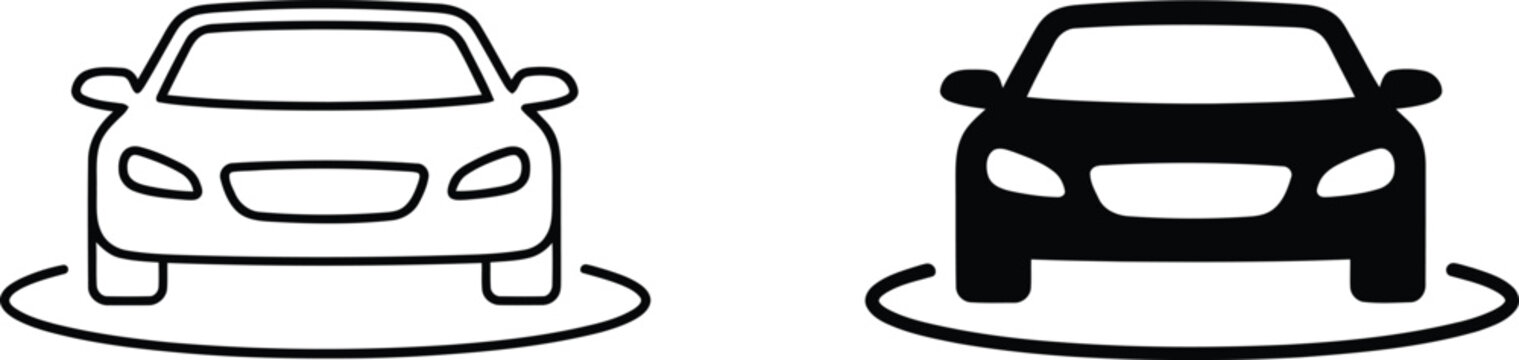 Front view car vehicle icon set in outline and solid black style