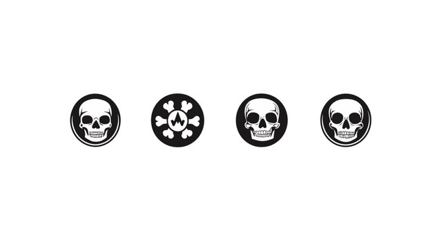 Several circular icons featuring skulls and bone motifs, set against a pristine, white background