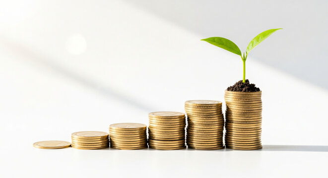 gold coin stacks and growing seedling, with copy space, top view