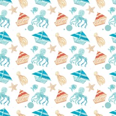 Obraz premium Seamless watercolor pattern for kids with small sailboats and seasrars and octopus on white background, hand-painted nautical nursery texture for textile.