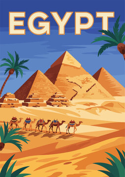 Ancient Egypt Travel Vintage Poster Vector Illustration, Handmade Style with Palm Trees, Camel Caravan Silhouettes, Desert Dunes, and Majestic Pyramids for Retro Decor Design