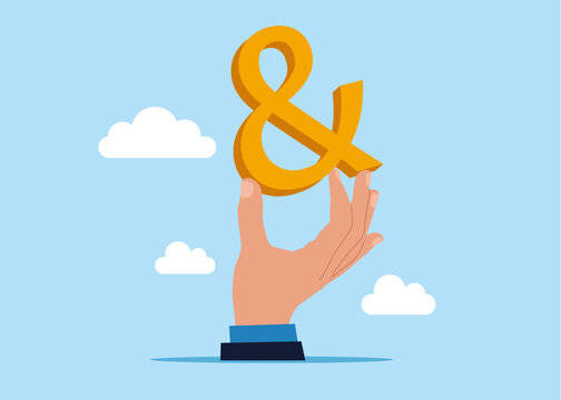 Human hand holding ampersand symbol or and sign. Modern vector illustration in flat style