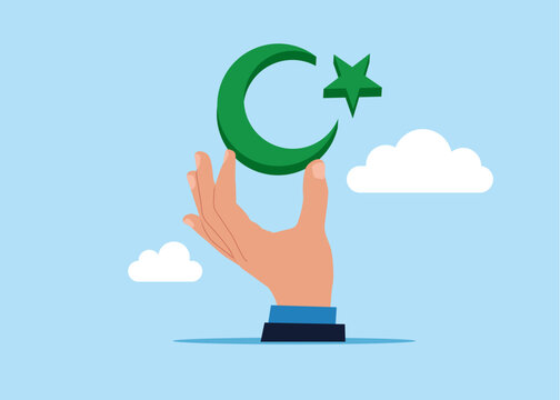 Crescent and Star. Human hand holding Islamic green crescent and star symbol set. Islam sign. Flat vector illustration