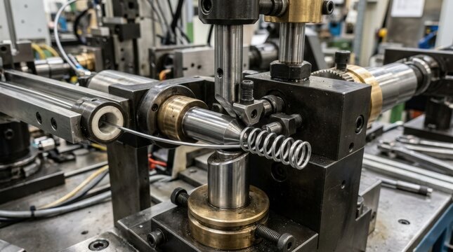 Macro view of a CNC spring coiler shaping smalldiameter wire with precision mandrels and focused tooling in a hightech manufacturing setting.