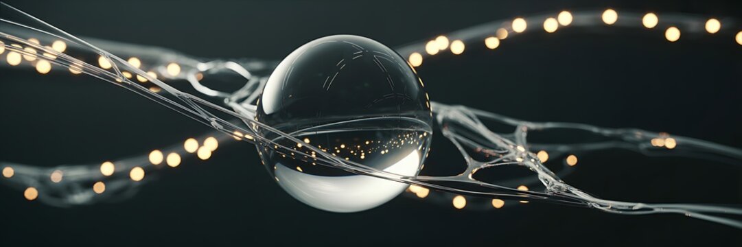A large clear glass sphere sits on a web of glowing string lights