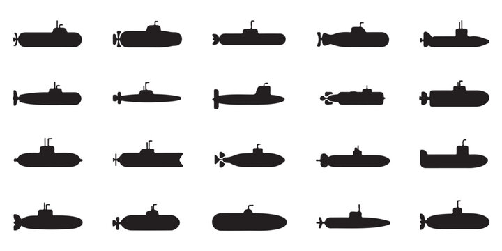 Collection of Submarine Silhouette Icons in Black and White