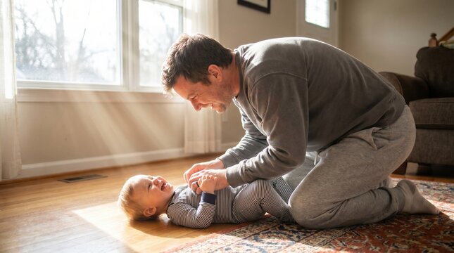 A father playing with baby on hardwood floor in sunlit living room, joyful interaction with laughter and gentle touch