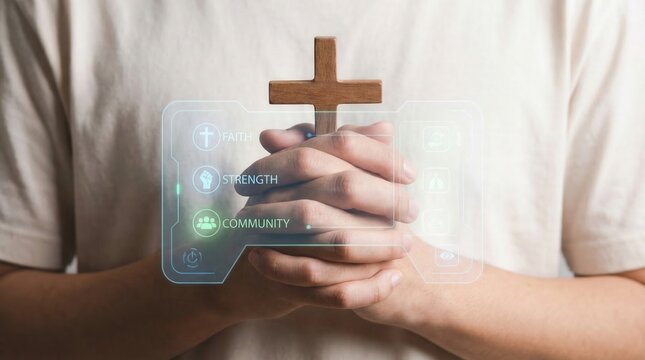 Holding a wooden cross with hands while displaying values of faith, strength, and community on a digital screen in front