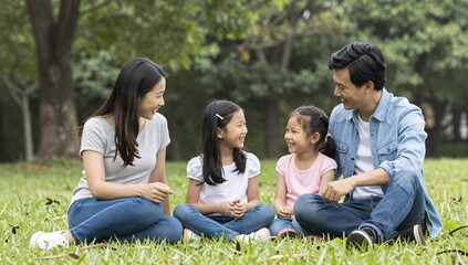 Naklejka premium Asian family sitting together on the grass having a conversation