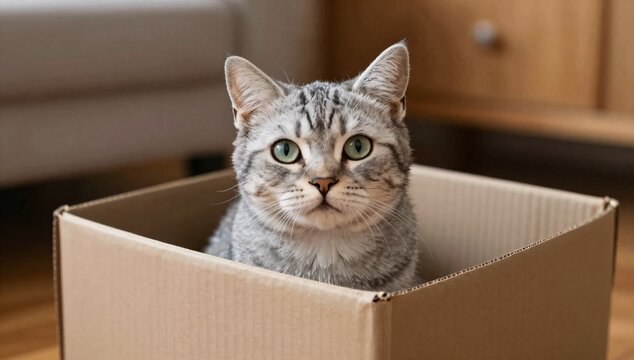 Adorable tabby cat sitting in a cardboard box with green eyes looks at the camera
