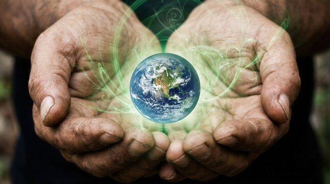 Hands hold a glowing earth with green light around it in a natural setting during daytime
