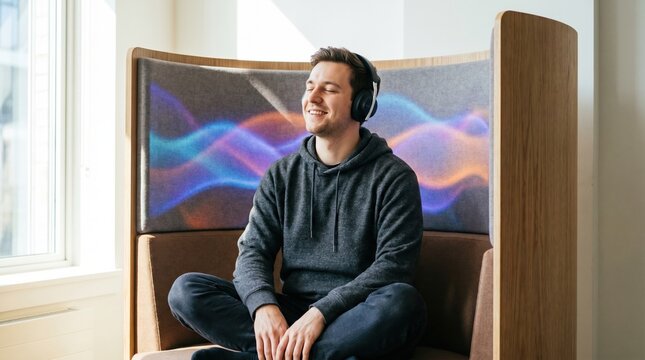 Relaxed young man sitting cross legged in curved wooden privacy booth wearing headphones and listening to music with colorful soundwave art behind him, calm contentment expression