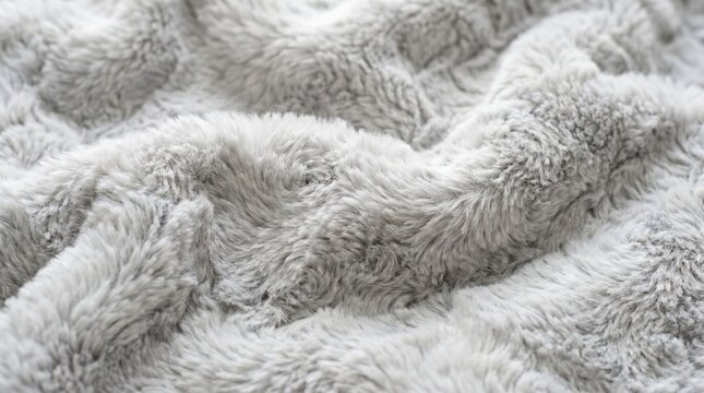 Soft gray faux fur blanket texture close up, plush fabric surface showing pile detail and cozy warmth