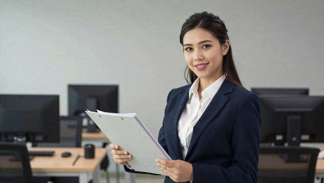 Confident young business woman holds a clipboard in an office setting