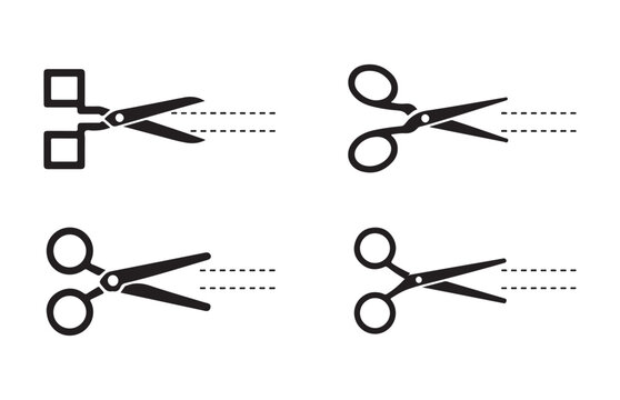 Set of four black scissor icons with dashed lines indicating a cutting point on transparent background.