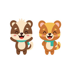 Fototapeta premium Cute Cartoon Tanuki and Raccoon Characters Wearing Teal Scarves