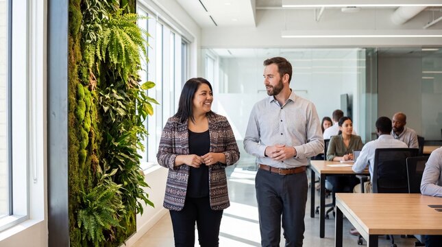 Two colleagues walking and talking through modern office corridor with living green wall, natural light, and coworkers collaborating desks, conveying friendly professional interaction and teamwork