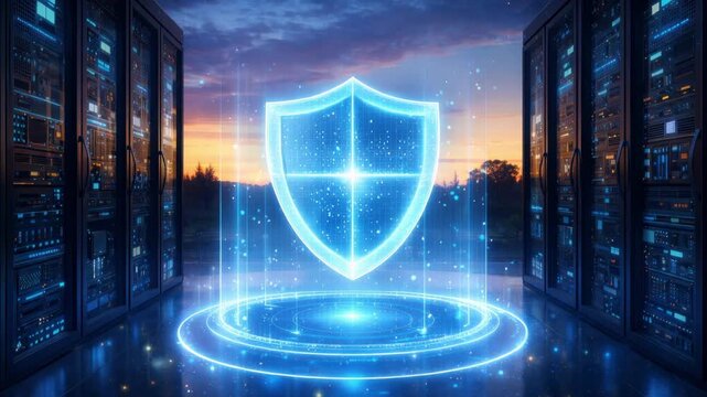 Futuristic video of a glowing digital shield inside a server room, representing cybersecurity protection, secure data infrastructure, network defense, and trusted technology.