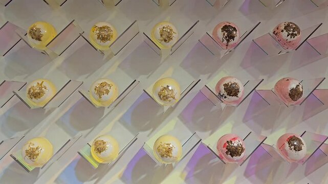 Rows of colorful spherical bath bombs with dried flowers arranged on transparent stands casting shadows on light surface top view cosmetic display pattern