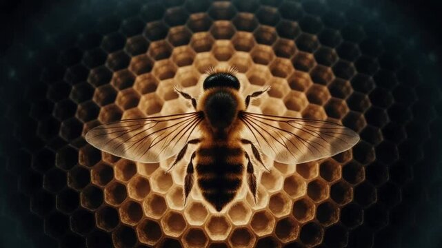 Detailed Bee on Hexagonal Honeycomb Pattern Nature Background - Apis Mellifera Pollinator on Honeycomb Structure Macro Shot