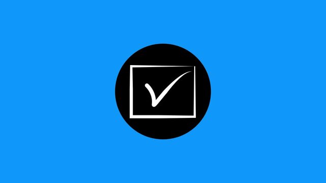 Abstract motion graphics black circle checkmark animation on blue background.