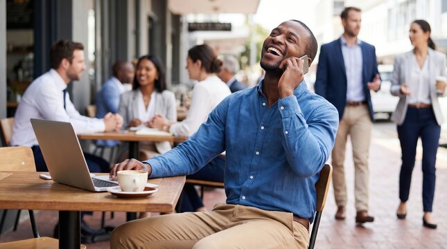 Smiling businessman talking on phone at outdoor cafe with laptop and coffee, urban professionals socializing in background, daytime street scene conveying joy and productivity
