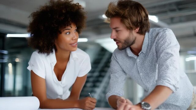 Female african young and male caucasian young smiling over blueprint table planning architecture office teamwork collaboration daylight modern workspace