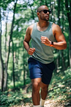 Male runner jogging through dense green forest trail