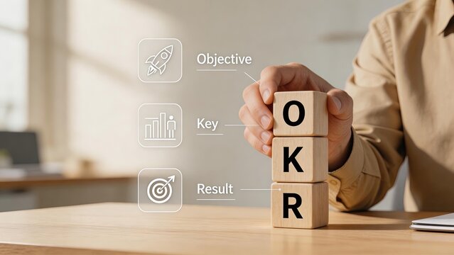 Business man holding wooden blocks spelling okr o stands for objective k is key r means result strategy performance management goals achievement concept