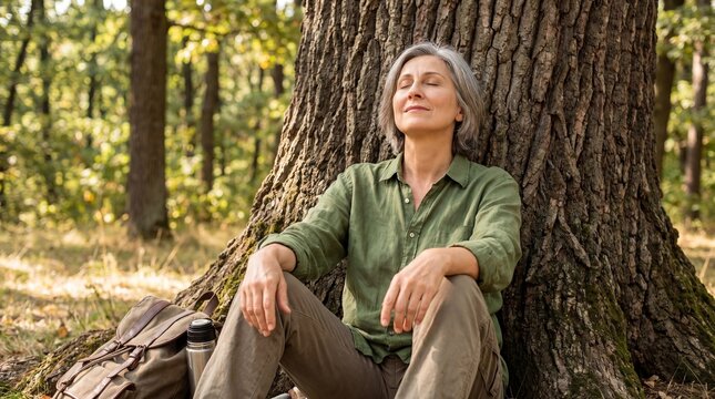 Mature woman relaxing against tree in forest, enjoying sunlight and peaceful nature, casual outdoor clothing and backpack nearby conveying calm and rejuvenation