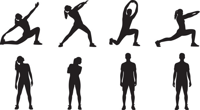 Yoga, fitness, exercise, human silhouettes, black icons, vector set