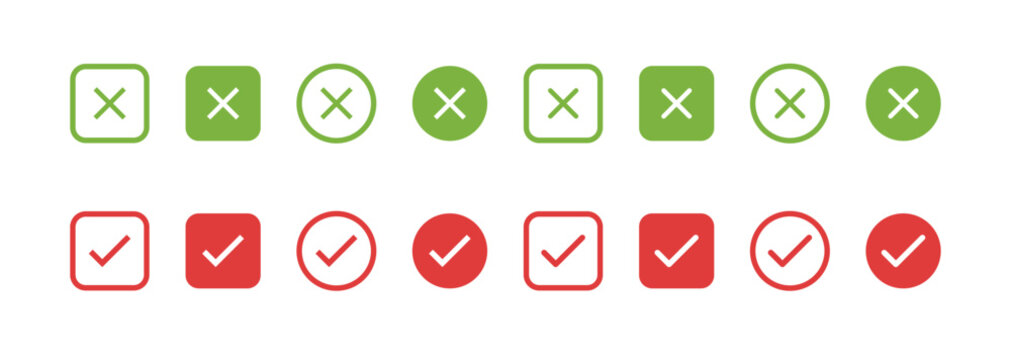 Set of cross and check mark icons. green checkmark red cross mark flat circle. vector illustration