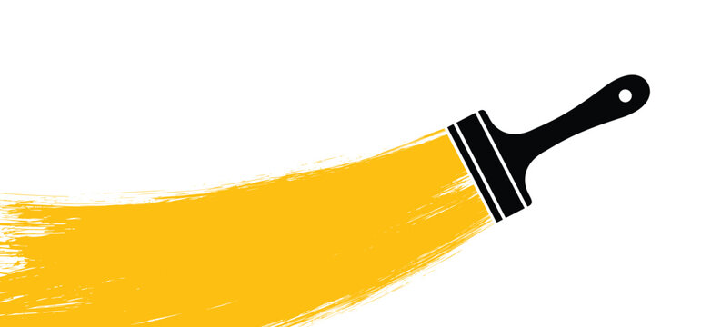Yellow, painted the wall and paintbrush or paintbrushes with brush stroke. Paint brush sign. Brush stroke background. Grunge brush strokes. For home, interior renovation. Painting, paintbrushes tool i