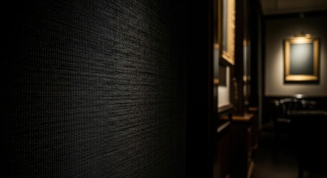 Close-up of a dark, textured velvet fabric wall with subtle linear patterns and a barely perceptible sheen, offering a luxurious backdrop.