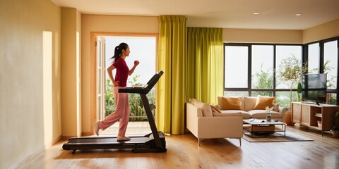 Fototapeta premium Woman running on treadmill in bright modern apartment living
