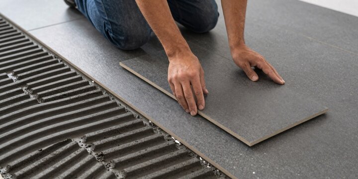 Craftsman meticulously laying gray tiles on a floor with notched adhesive