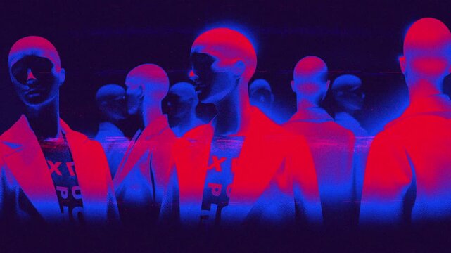 A group of faceless mannequins spinning on an endless loop in a retro style with noise and glitch effect details.
