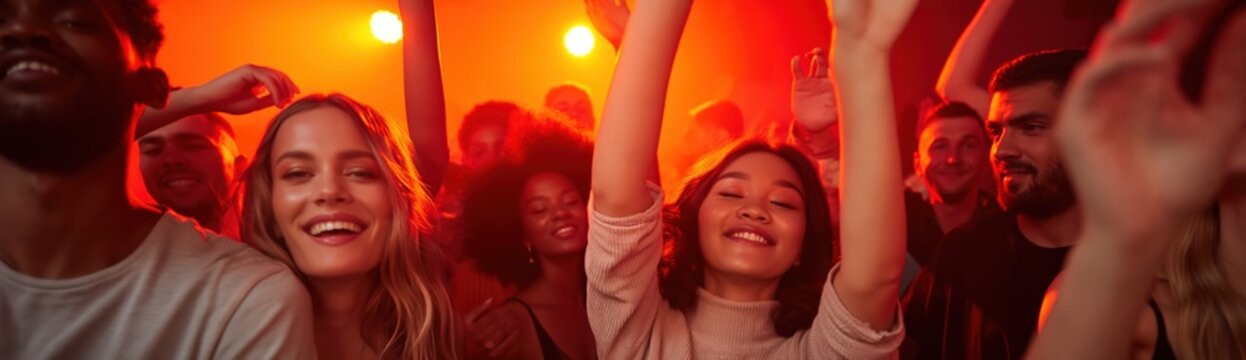Diverse crowd dancing and cheering in crowded concert venue
