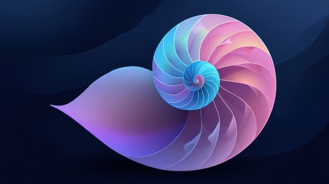 Abstract illustration of nautilus shell in pastel shades on dark wavy background