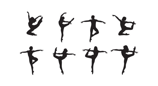 Silhouettes of ballet dancers in various graceful poses, black on white background.