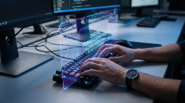 Hands working on keyboard with digital display showing technology words in a modern office setting during evening hours