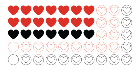 Fototapeta premium Five rows hearts red black outline mixed on grey background icons collection.