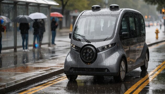 Autonomous shuttle in focus at a bus stop station with passengers and surrounding environment out of focus emphasizing liability frameworks for shuttle loop operations.