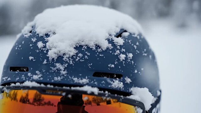 Close-up of snow-covered ski goggles reflecting a winter forest
