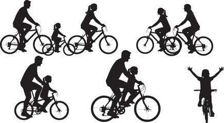 Fototapeta premium Black silhouette bicycle riders, cycling icons, bike silhouettes, family cycling