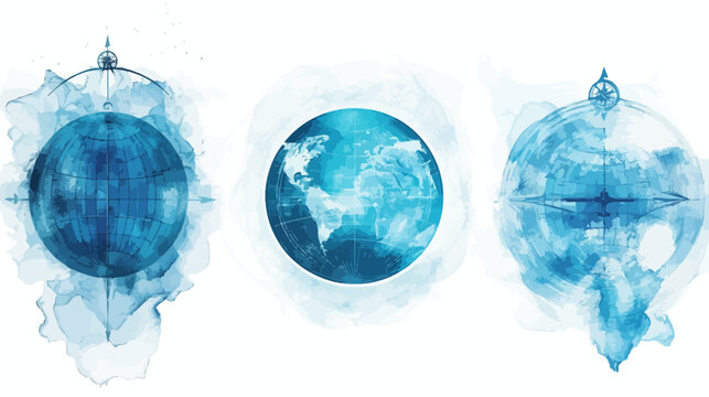 Three watercolor globes with compasses and blue watercolor backgrounds. A world map design