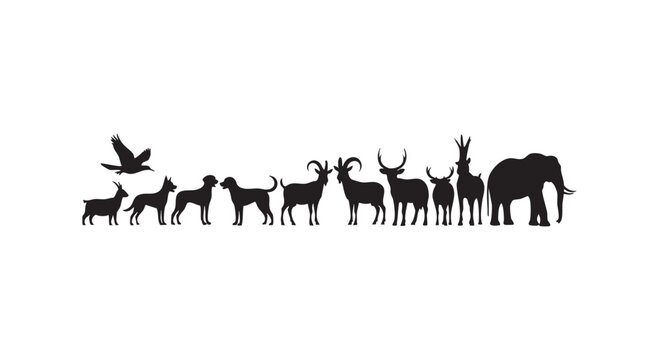 Silhouettes of various animals including bird dog goat antelope elephant in horizontal row isolated on white background vector art.