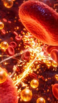 Glucose insulin blood sugar hormone red blood cell diabetes metabolism bloodstream medical illustration of glucose and sugar flow through blood vessel with insulin hormone signaling around red cell
